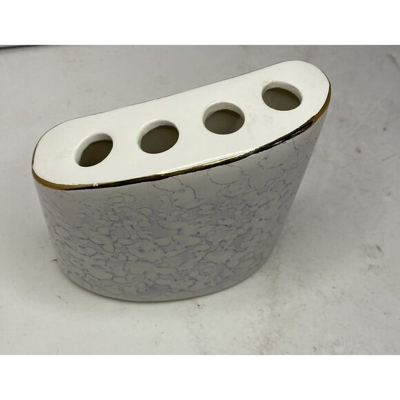 Vtg Ceramic Toothbrush Holder MCM Marble Pattern Gold Trim Hollywood Regency Mod - Picture 6 of 11